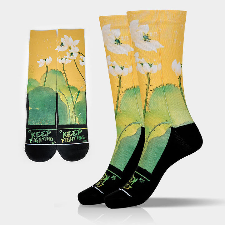 Calcetines unisex con Buddha Stones, diseño informal, color beige, con flores de loto y hojas, para hombre y mujer - Oro - Talla única (US. 5-10.5, EU 38-44, UK/AU 5-10.5, AISA 24.5-28 cm) - image 0