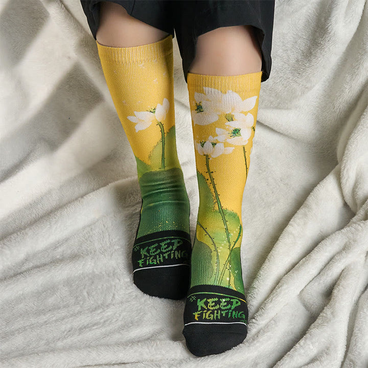 Calcetines unisex con Buddha Stones, diseño informal, color beige, con flores de loto y hojas, para hombre y mujer - image 5