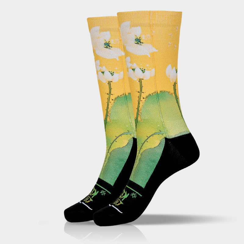 Calcetines unisex con Buddha Stones, diseño informal, color beige, con flores de loto y hojas, para hombre y mujer - image 9