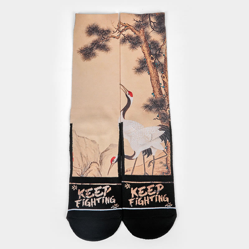 Calcetines unisex con diseño de Buddha Stones, grulla blanca, pinos y montañas, para hombre y mujer - image 1