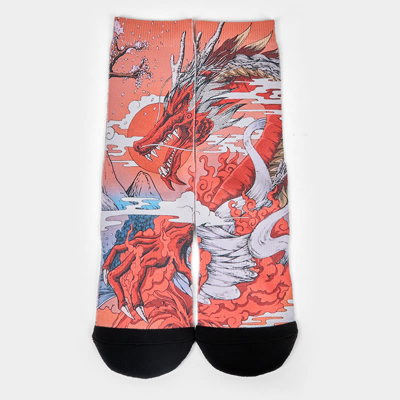 Calcetines unisex con diseño de Buddha Stones, dragón rojo, volcán, sol, árbol, montañas, micro tripulación, para hombre y mujer - image 1