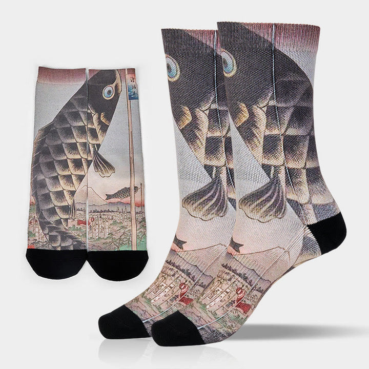 Calcetines unisex con diseño de pez koi y monte Fuji para hombre y mujer - Gris claro - ML (US. 8-12, EU 41-45, UK/AU 7,5-11,5, AISA 25,5-28,5 cm) - image 0