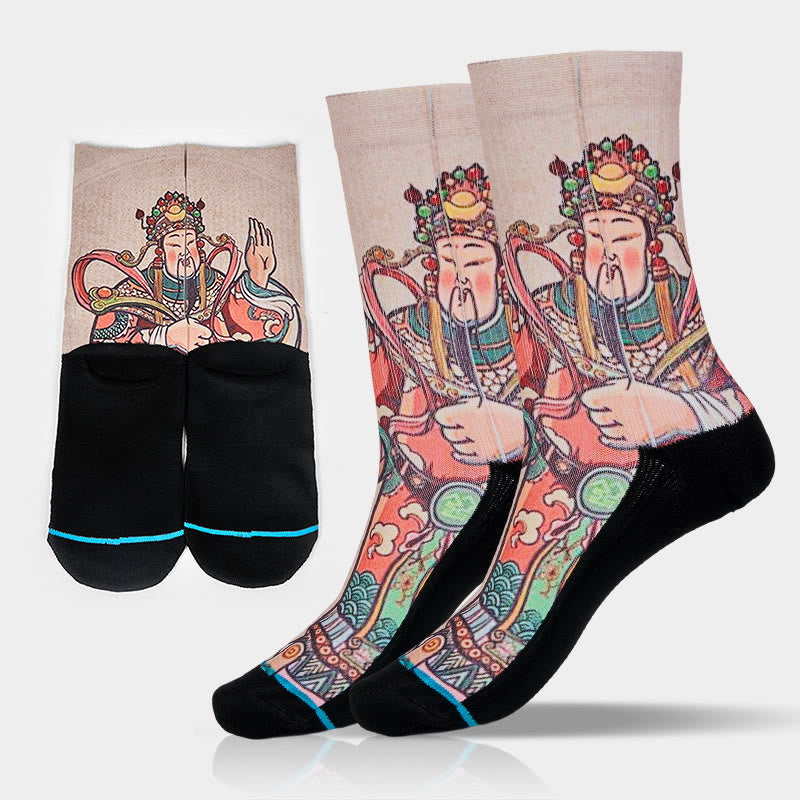 Calcetines unisex con diseño de Buddha Stones, Dios de la Riqueza, con asa Ruyi, para hombre y mujer - Lino - SM (US. 3,5-8,5, EU 33-39, UK/AU 1,5-6, Asia 21,5-25 cm) - image 0