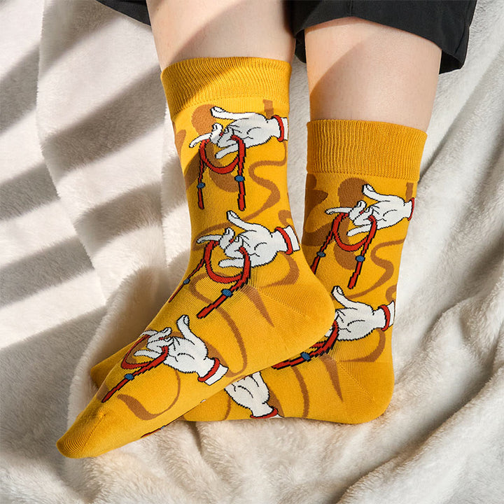 Calcetines informales con Buddha Stones y mano sagrada de Buda sosteniendo una cuerda roja para mujer - Oro - S(US. 4,5-8,5, EU 35-39, UK/AU 2,5-6, AISA 22,5-25 cm) - image 0