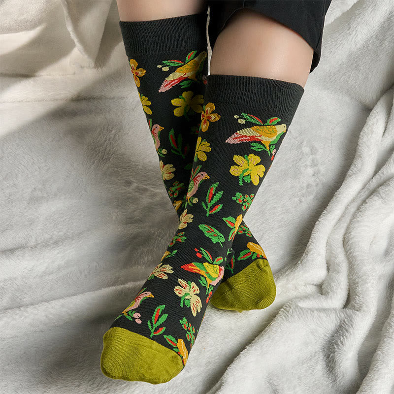 Calcetines unisex de algodón con diseño de pájaros y flores en Buddha Stones para hombre y mujer - image 2