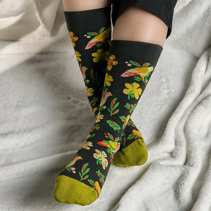 Calcetines unisex de algodón con diseño de pájaros y flores en Buddha Stones para hombre y mujer - image 2