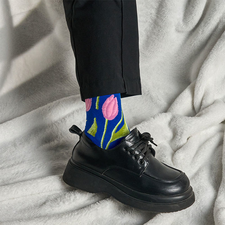 Calcetines unisex de algodón con estampado de tulipán azul medio y Buddha Stones para hombre y mujer - image 3