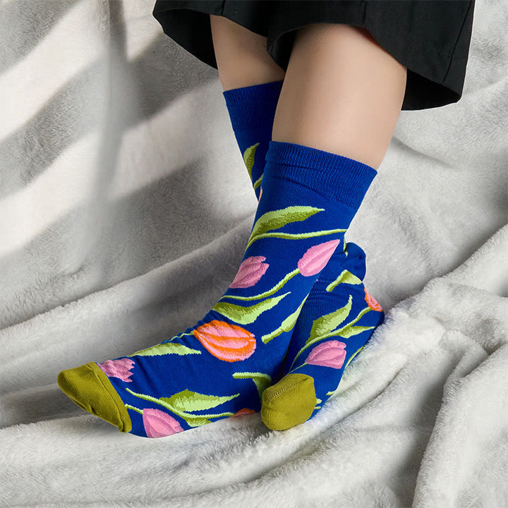 Calcetines unisex de algodón con estampado de tulipán azul medio y Buddha Stones para hombre y mujer - image 2