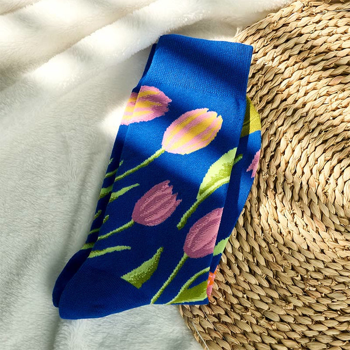 Calcetines unisex de algodón con estampado de tulipán azul medio y Buddha Stones para hombre y mujer - image 1
