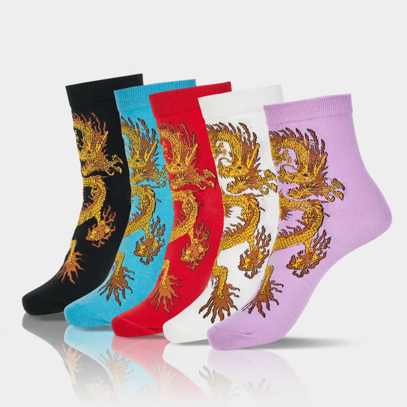 5 pares de calcetines casuales con diseño de dragón dorado para mujer de Buddha Stones - 5 pares (1 par de cada color) - Talla pequeña (US. 5,5-8,5, EU 36-40, UK/AU 3,5-6,5, Asia 23-25 ​​cm) - image 0