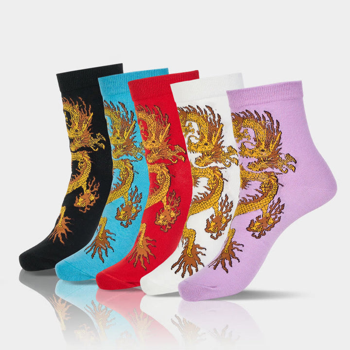5 pares de calcetines casuales con diseño de dragón dorado para mujer de Buddha Stones - 5 pares (1 par de cada color) - Talla pequeña (US. 5,5-8,5, EU 36-40, UK/AU 3,5-6,5, Asia 23-25 ​​cm) - image 0