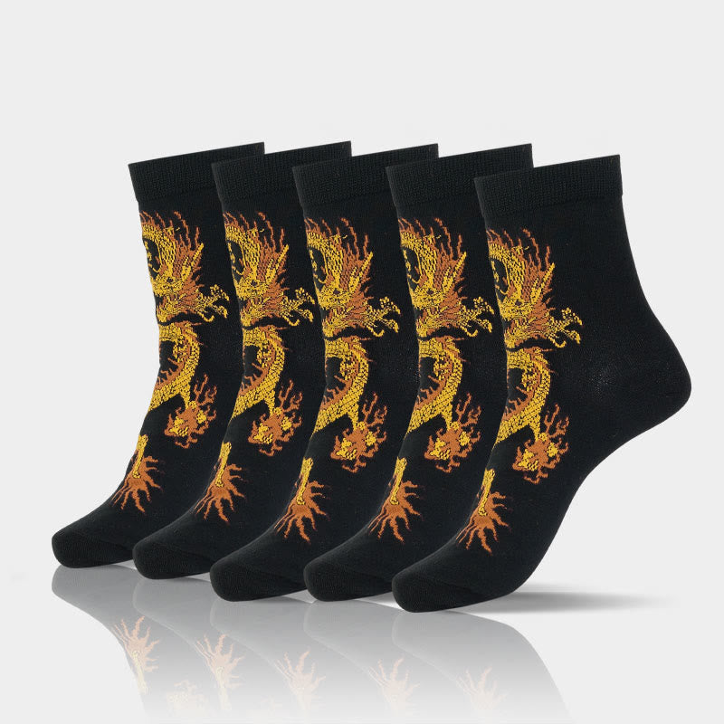 5 pares de calcetines casuales con diseño de dragón dorado para mujer de Buddha Stones - 5 pares de dragones negros - Talla pequeña (US. 5,5-8,5, EU 36-40, UK/AU 3,5-6,5, Asia 23-25 ​​cm) - image 1