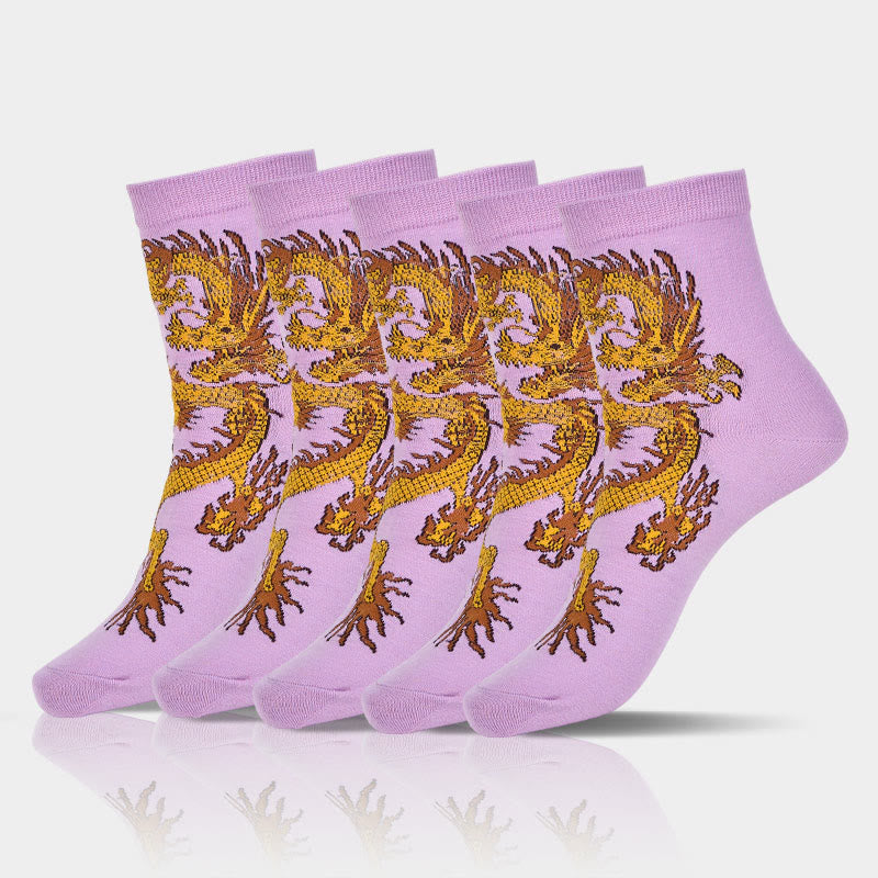 5 pares de calcetines casuales con diseño de dragón dorado para mujer de Buddha Stones - 5 pares de dragones morados - Talla pequeña (US. 5,5-8,5, EU 36-40, UK/AU 3,5-6,5, Asia 23-25 ​​cm) - image 10
