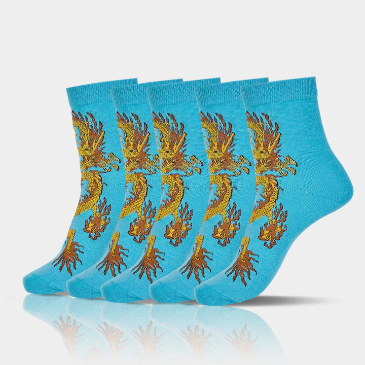 5 pares de calcetines casuales con diseño de dragón dorado para mujer de Buddha Stones - 5 pares de dragón azul - Talla pequeña (US. 5,5-8,5, EU 36-40, UK/AU 3,5-6,5, Asia 23-25 ​​cm) - image 22