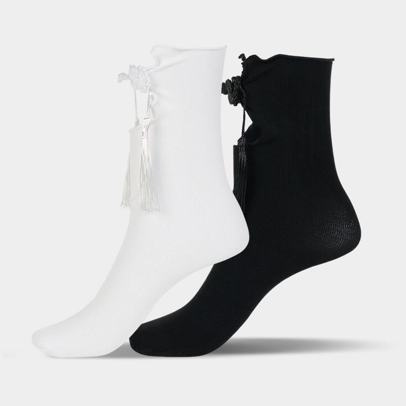 Calcetines de algodón para mujer con diseño de rana china, borlas y botones de color puro con Buddha Stones - image 11