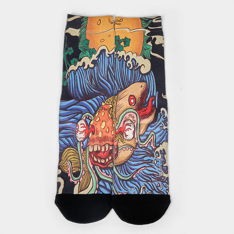 Calcetines unisex con diseño de Buddha Stones, informales, con peces vivos y ondas fluidas, para hombre y mujer - image 1