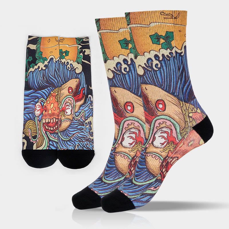 Calcetines unisex con diseño de Buddha Stones, informales, con peces vivos y ondas fluidas, para hombre y mujer - Azul acero - ML (US. 8-12, EU 41-45, UK/AU 7,5-11,5, AISA 25,5-28,5 cm) - image 0