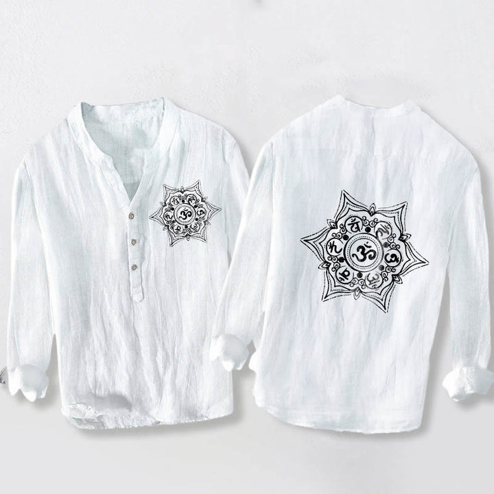 Camisa de manga larga para hombre, de algodón y lino, con diseño de mandala y botones a la mitad , con Buddha Stones Om Mani Padme Hum. - Blanco - US/UK/AU50, EU60 (5XL) - image 0