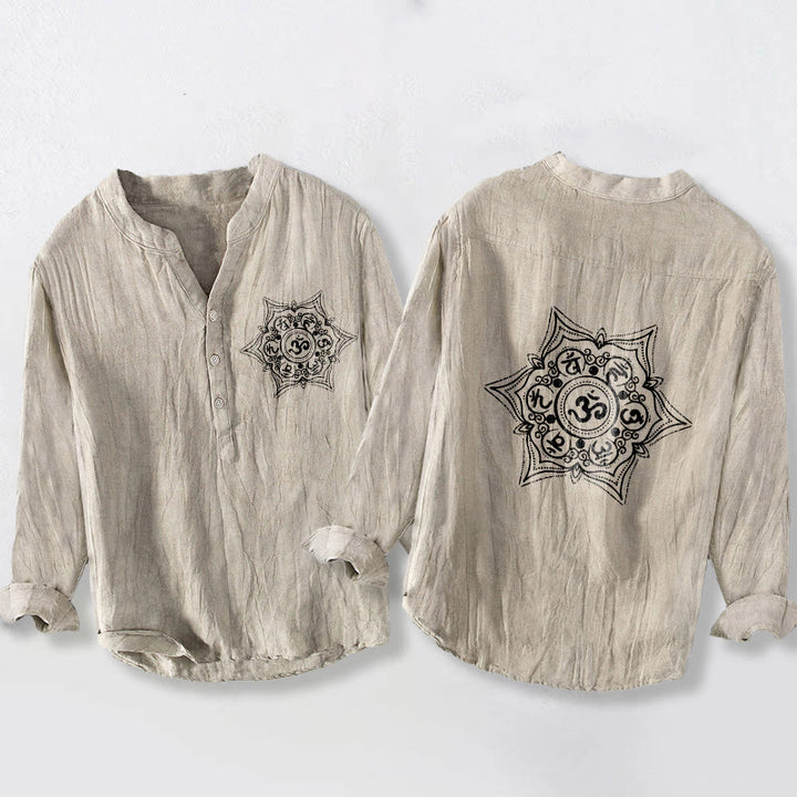 Camisa de manga larga para hombre, de algodón y lino, con diseño de mandala y botones a la mitad , con Buddha Stones Om Mani Padme Hum. - Lino - US/UK/AU50, EU60 (5XL) - image 3