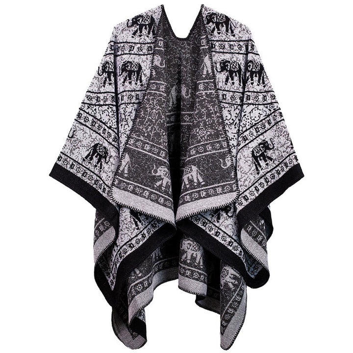 Bufanda chal unisex acogedora con diseño geométrico de elefante jacquard tibetano y Buddha Stones - Negro - image 0