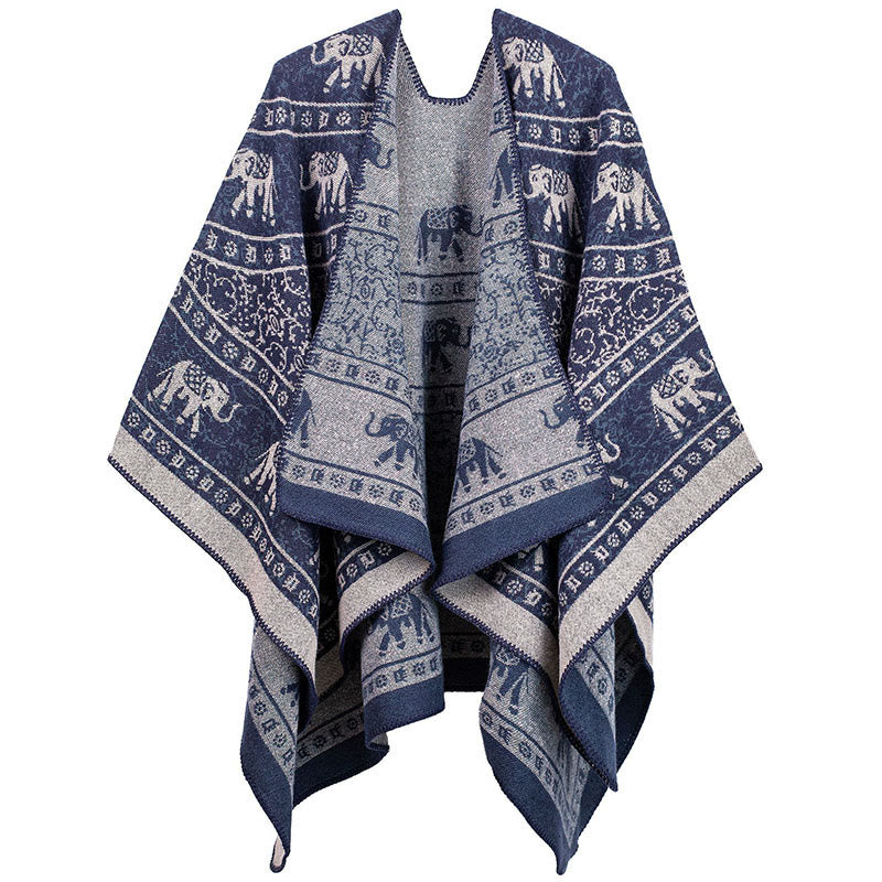 Bufanda chal unisex acogedora con diseño geométrico de elefante jacquard tibetano y Buddha Stones - Azul oscuro - image 5