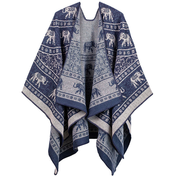 Bufanda chal unisex acogedora con diseño geométrico de elefante jacquard tibetano y Buddha Stones - Azul oscuro - image 5