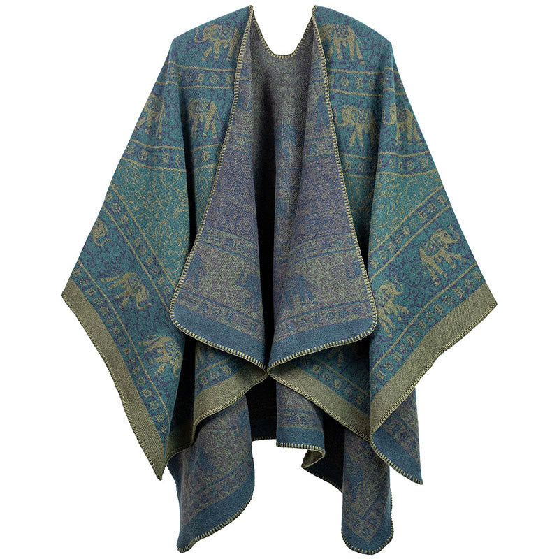 Bufanda chal unisex acogedora con diseño geométrico de elefante jacquard tibetano y Buddha Stones - Cian oscuro - image 3