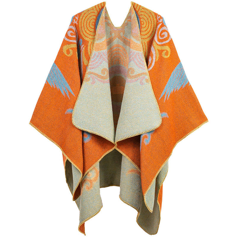 Bufanda chal unisex acogedora con diseño de grulla de nube auspiciosa y frente abierto con Buddha Stones tibetanas - Naranja oscuro - image 0