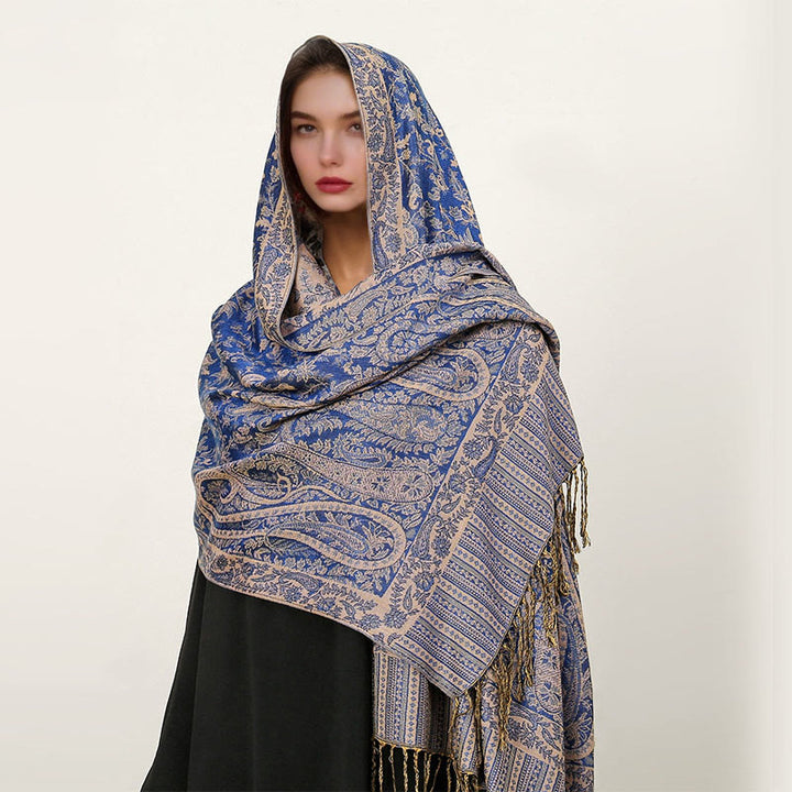 Bufanda chal acogedor con borlas y estampado de cachemira tibetano étnico de uso diario con Buddha Stones - Azul pizarra - 70*180cm - image 10