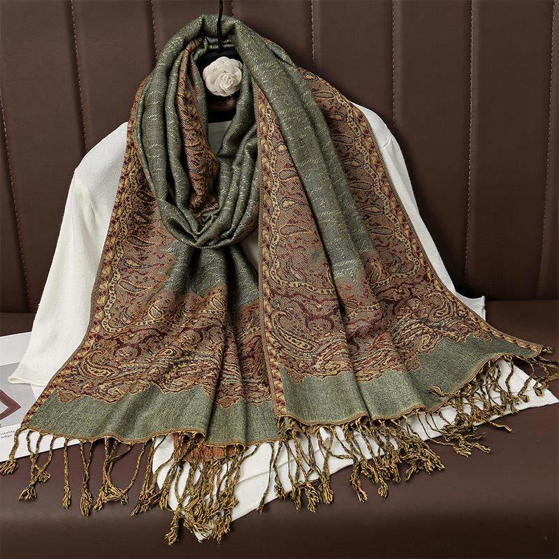 Bufanda chal acogedor con borlas y estampado de cachemira jacquard tibetano étnico de invierno con Buddha Stones - Verde mar oscuro - 70*190cm - image 4