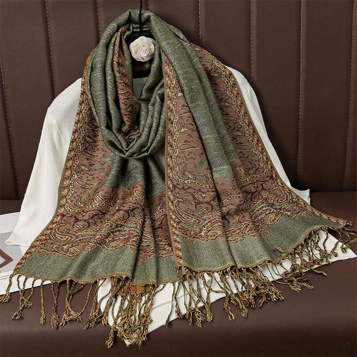 Bufanda chal acogedor con borlas y estampado de cachemira jacquard tibetano étnico de invierno con Buddha Stones - Verde mar oscuro - 70*190cm - image 4