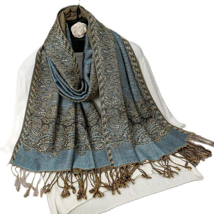 Bufanda chal acogedor con borlas y estampado de cachemira jacquard tibetano étnico de invierno con Buddha Stones - image 6