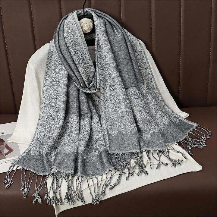 Bufanda chal acogedor con borlas y estampado de cachemira jacquard tibetano étnico de invierno con Buddha Stones - Gris claro - 70*190cm - image 12
