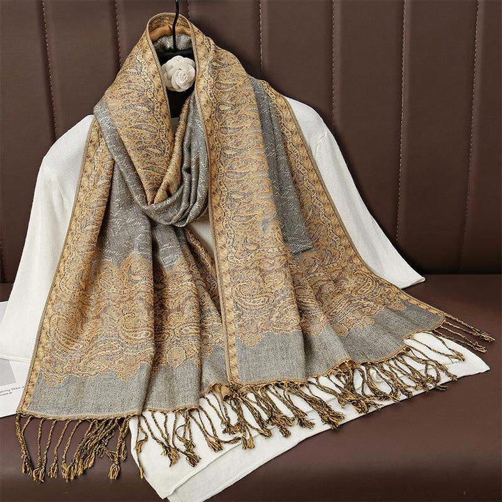Bufanda chal acogedor con borlas y estampado de cachemira jacquard tibetano étnico de invierno con Buddha Stones - Oro - 70*190cm - image 7