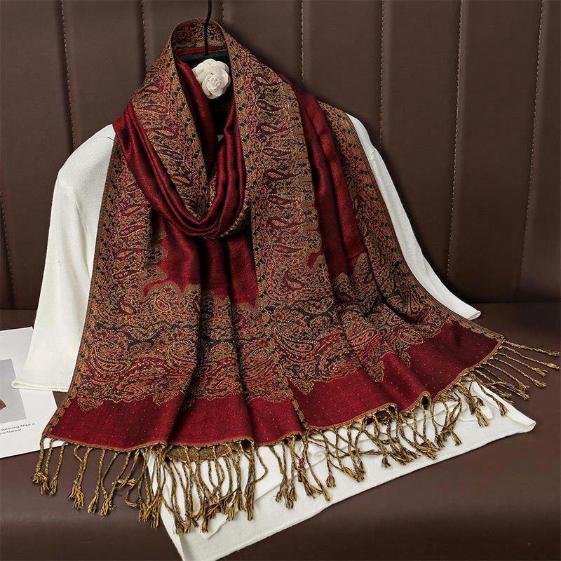 Bufanda chal acogedor con borlas y estampado de cachemira jacquard tibetano étnico de invierno con Buddha Stones - Ladrillo refractario - 70*190cm - image 1