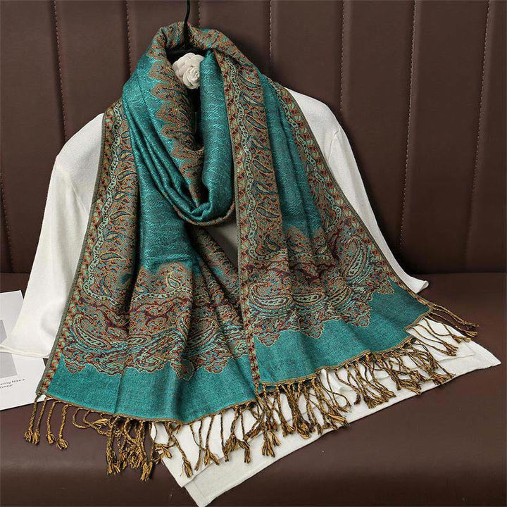Bufanda chal acogedor con borlas y estampado de cachemira jacquard tibetano étnico de invierno con Buddha Stones - Verde mar claro - 70*190cm - image 8