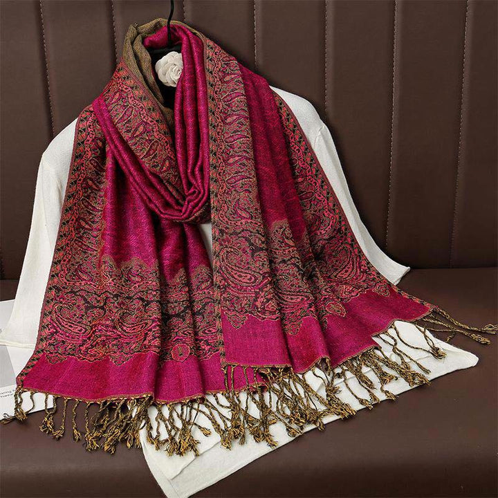 Bufanda chal acogedor con borlas y estampado de cachemira jacquard tibetano étnico de invierno con Buddha Stones - Violeta medio rojo - 70*190cm - image 3