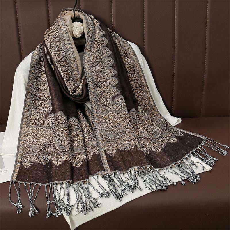 Bufanda chal acogedor con borlas y estampado de cachemira jacquard tibetano étnico de invierno con Buddha Stones - SaddleBrown - 70*190cm - image 0