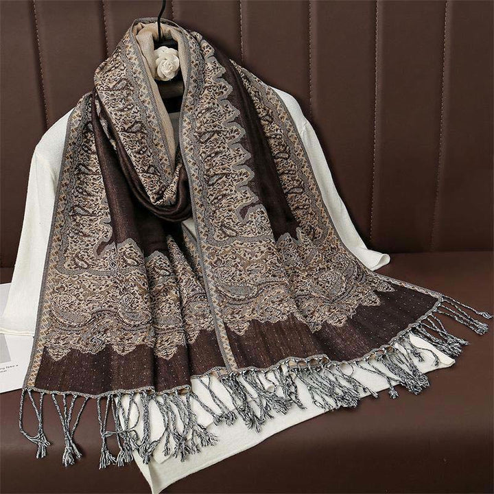 Bufanda chal acogedor con borlas y estampado de cachemira jacquard tibetano étnico de invierno con Buddha Stones - SaddleBrown - 70*190cm - image 0