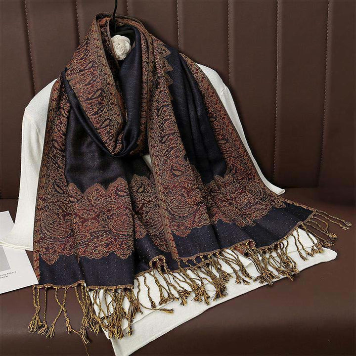 Bufanda chal acogedor con borlas y estampado de cachemira jacquard tibetano étnico de invierno con Buddha Stones - Azul medianoche - 70*190cm - image 2