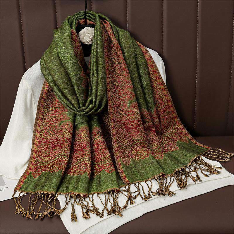 Bufanda chal acogedor con borlas y estampado de cachemira jacquard tibetano étnico de invierno con Buddha Stones - Verde oliva - 70*190cm - image 10