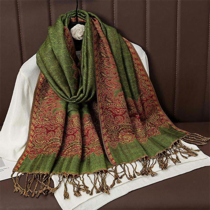 Bufanda chal acogedor con borlas y estampado de cachemira jacquard tibetano étnico de invierno con Buddha Stones - Verde oliva - 70*190cm - image 10