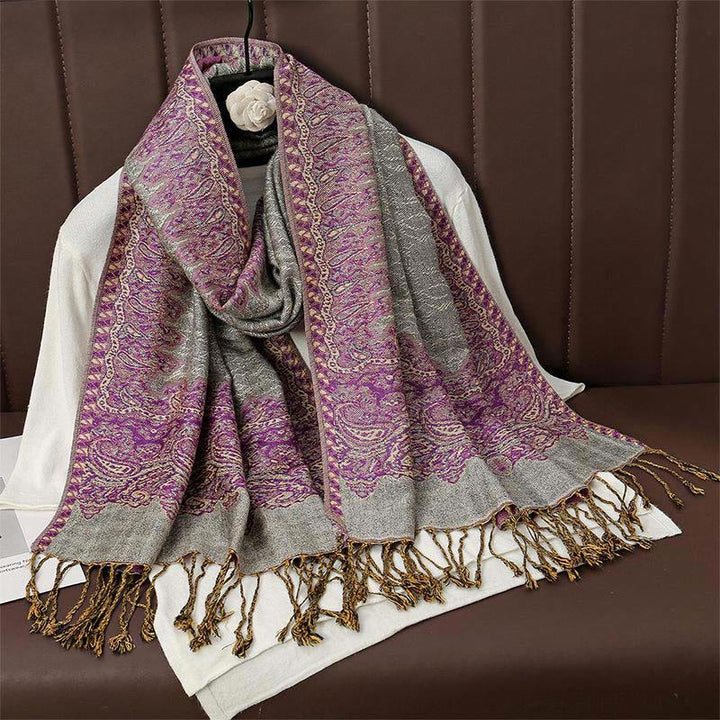 Bufanda chal acogedor con borlas y estampado de cachemira jacquard tibetano étnico de invierno con Buddha Stones - Magenta oscuro - 70*190cm - image 9
