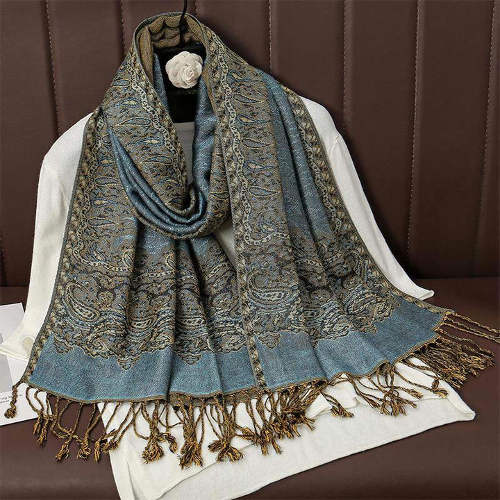 Bufanda chal acogedor con borlas y estampado de cachemira jacquard tibetano étnico de invierno con Buddha Stones - Azul acero claro - 70*190cm - image 5