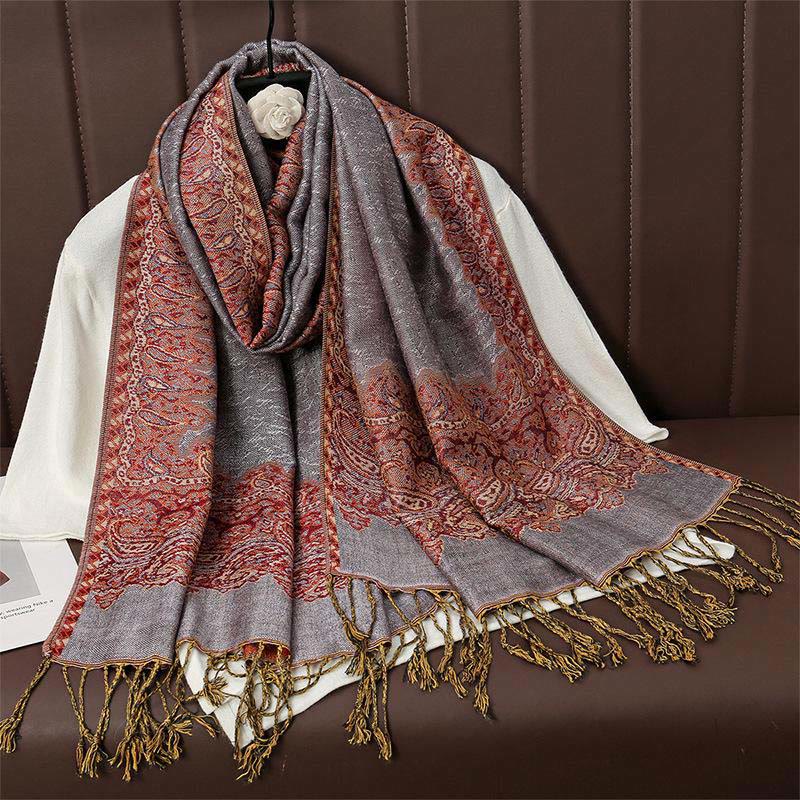 Bufanda chal acogedor con borlas y estampado de cachemira jacquard tibetano étnico de invierno con Buddha Stones - RosyBrown - 70*190cm - image 11