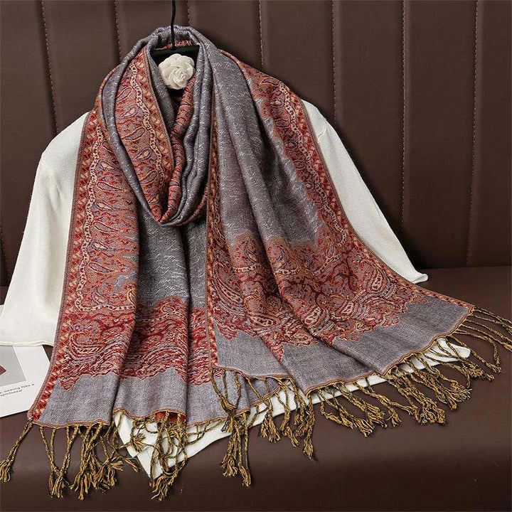 Bufanda chal acogedor con borlas y estampado de cachemira jacquard tibetano étnico de invierno con Buddha Stones - RosyBrown - 70*190cm - image 11
