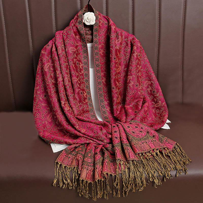 Bufanda chal acogedora con borlas y diseño de cachemira tibetano con Buddha Stones y diseño de flores en contraste de color - Rosa oscuro - image 5