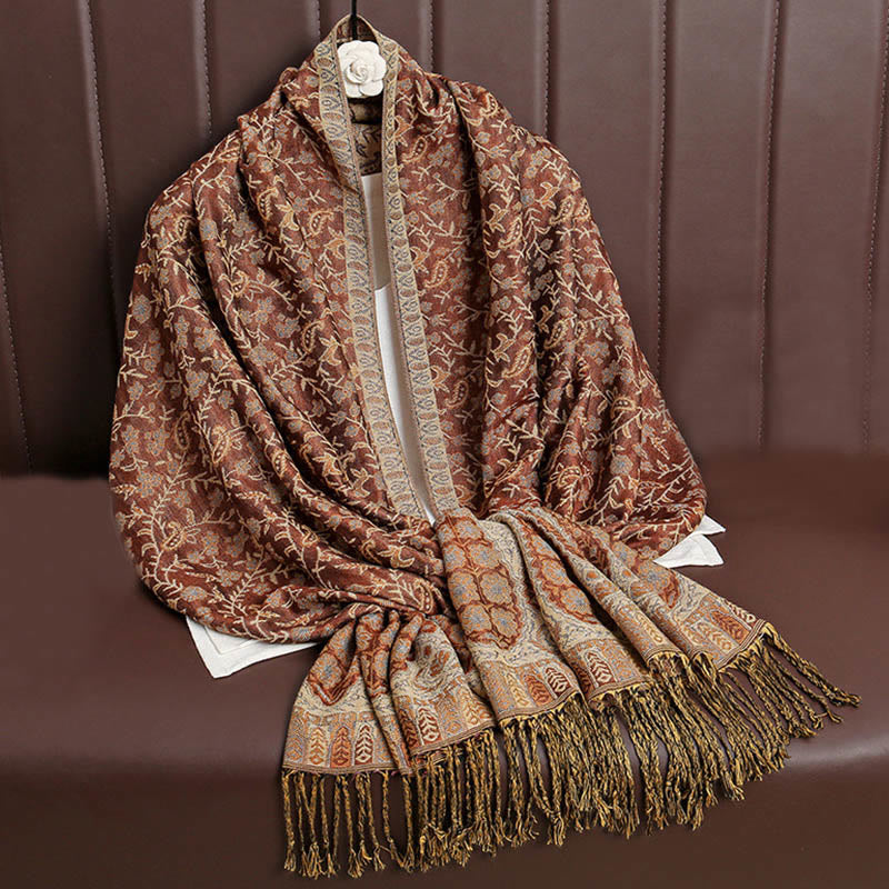 Bufanda chal acogedora con borlas y diseño de cachemira tibetano con Buddha Stones y diseño de flores en contraste de color - Chocolate - image 18