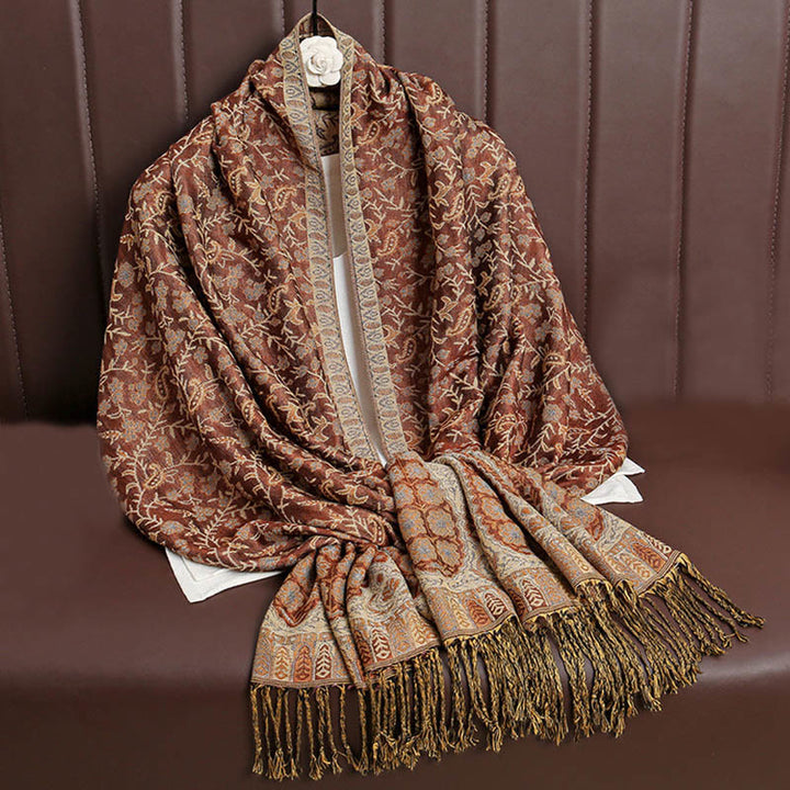 Bufanda chal acogedora con borlas y diseño de cachemira tibetano con Buddha Stones y diseño de flores en contraste de color - Chocolate - image 18