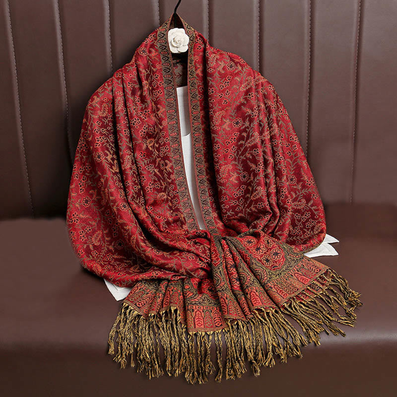 Bufanda chal acogedora con borlas y diseño de cachemira tibetano con Buddha Stones y diseño de flores en contraste de color - Carmesí - image 1